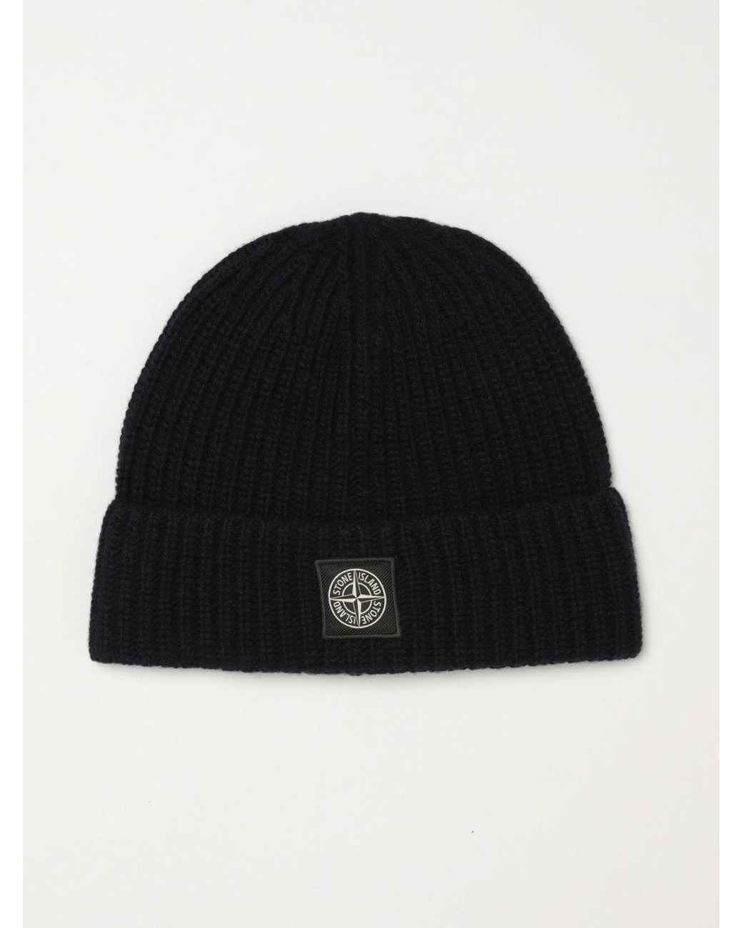 Stone Island Black Ribbed Virgin Wool Beanie Hat With Compass Logo for men