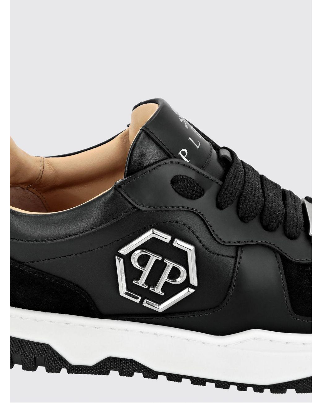Philipp Plein Black Low-Top Leather And Suede Sneakers With Hexagon Logo for men