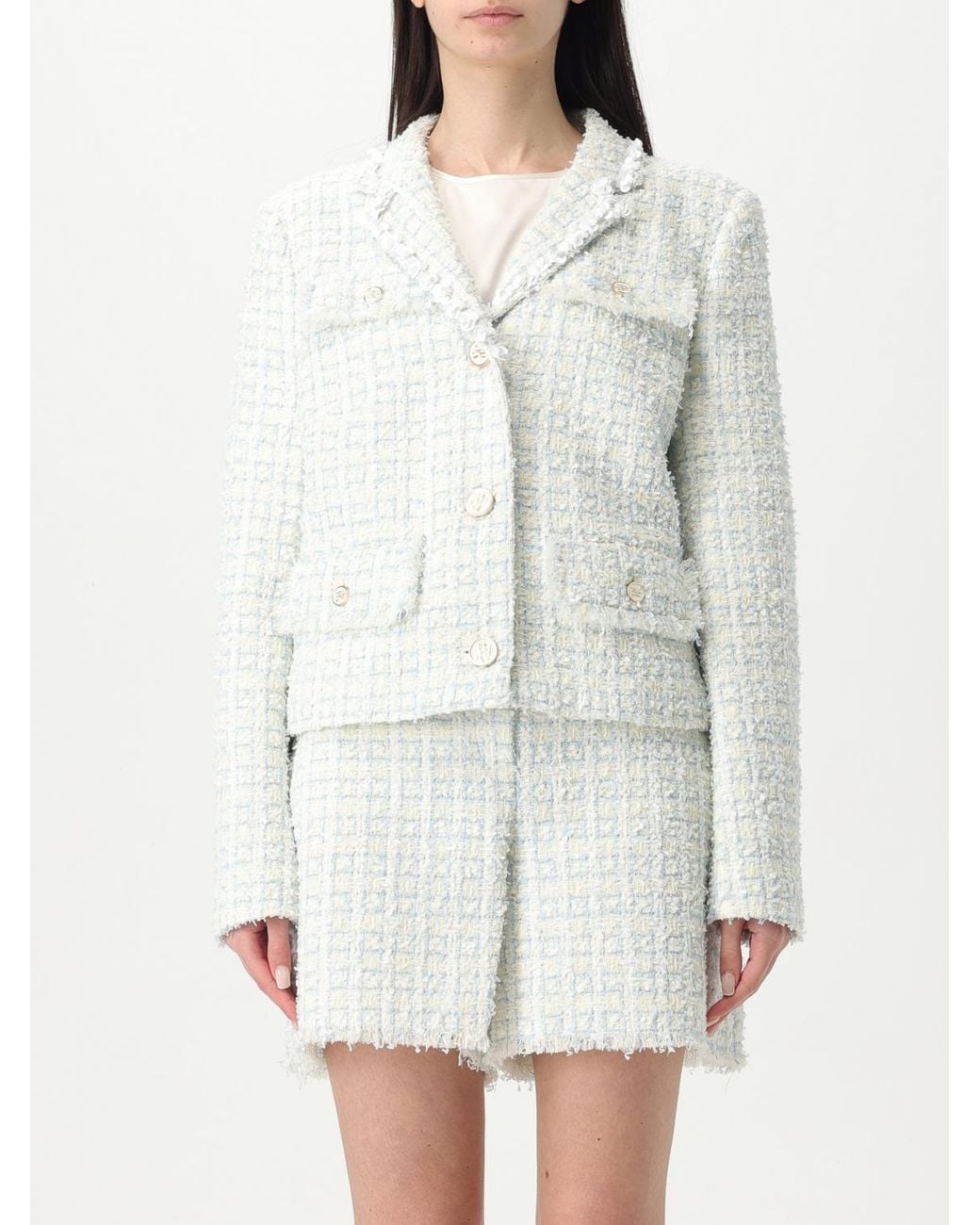 Karl Lagerfeld White Tweed Jacket Skirt Set Frayed Hem