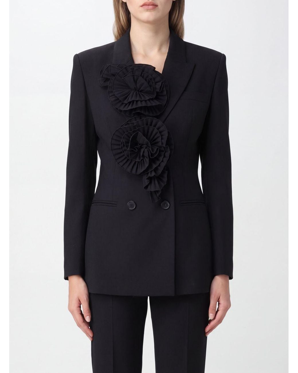 Blumarine Black Double-Breasted Wool-Blend Blazer With Flower Appliqué On The Lapel