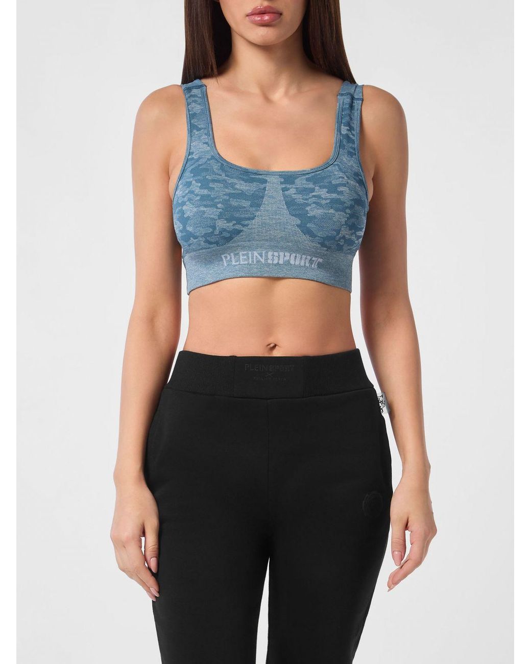 Philipp Plein Blue Camouflage Print Cropped Jersey Sports Top With Thin Straps