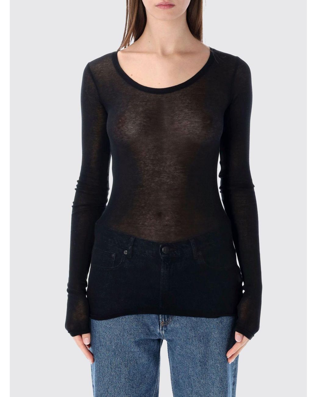 American Vintage Black Sheer Cotton Long-Sleeved T-Shirt With Round Neck
