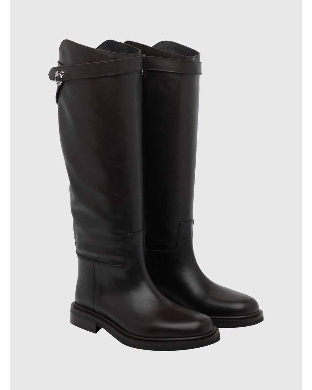 Poeve Black Knee-High Smooth Calfskin Leather Boots With Straps