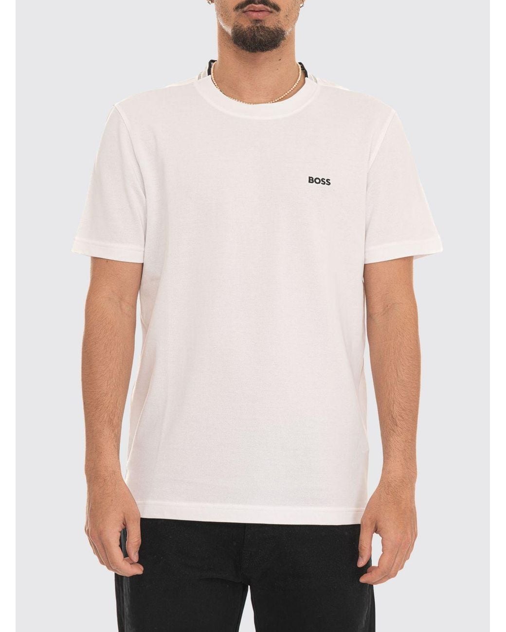 Boss White Cotton Crew-Neck T-Shirt With Contrasting Logo On The Chest for men