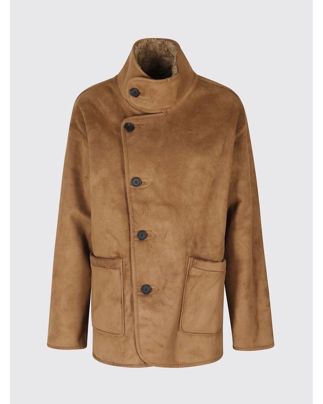 Low Classic Brown Reversible Shearling Faux Fur Coat With High Neck