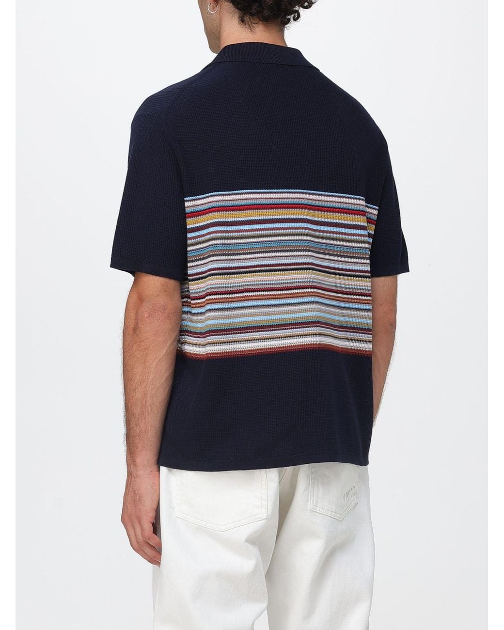 Paul Smith Blue Striped Cotton Short-Sleeve Cardigan With Cuban Collar for men