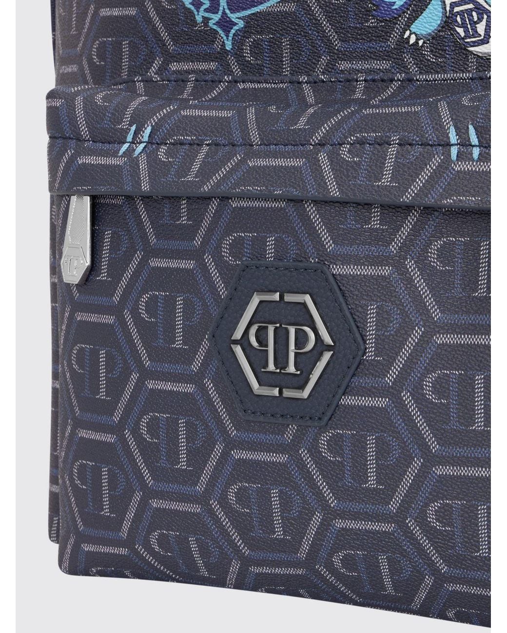 Philipp Plein Blue Space Dragons Monogram Coated Cotton Backpack With Hexagon Logo for men