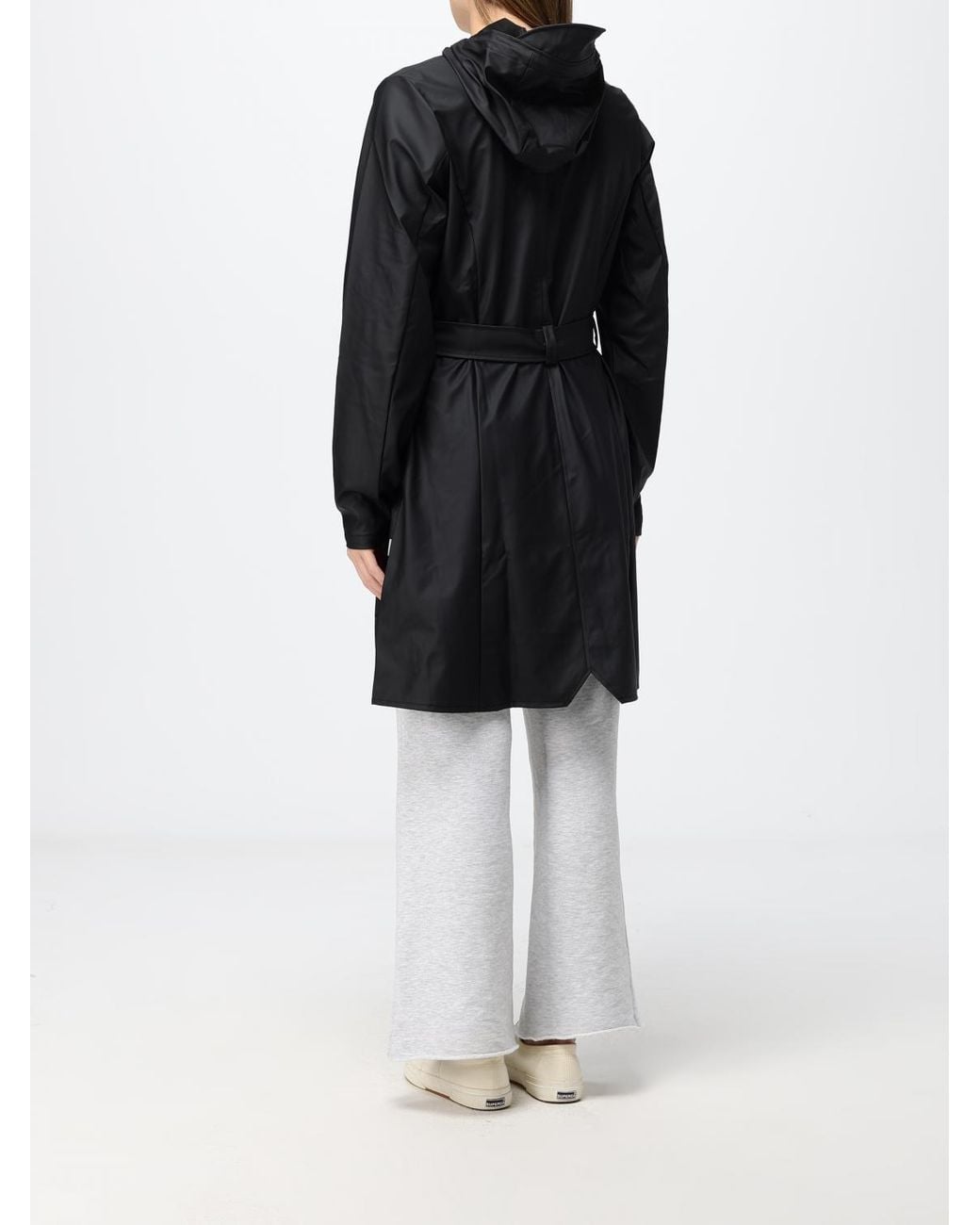 Rains Black Waterproof Hooded Trench Coat With A Tie-Belt Waist