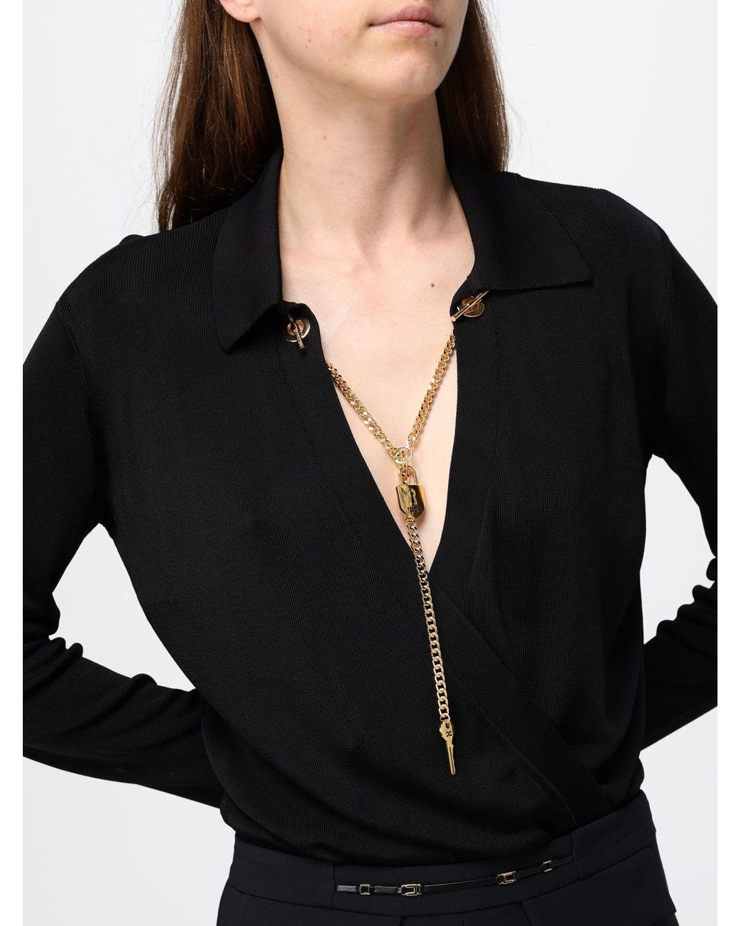 Elisabetta Franchi Black Long-Sleeved Blouse With Metallic Mesh Details