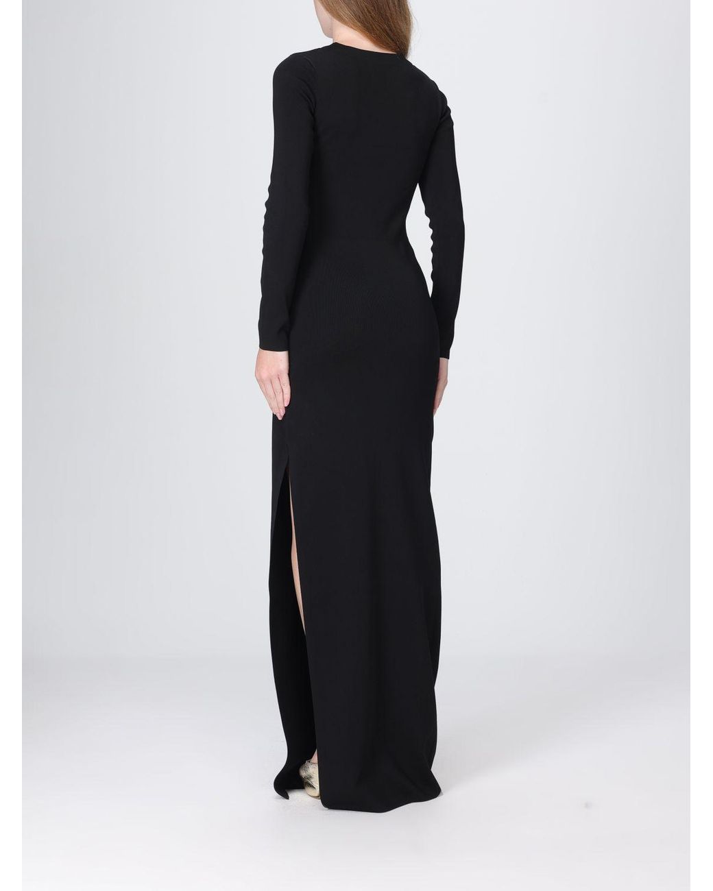 Elisabetta Franchi Black V-Neck Knit Long Sheath Dress With Slit
