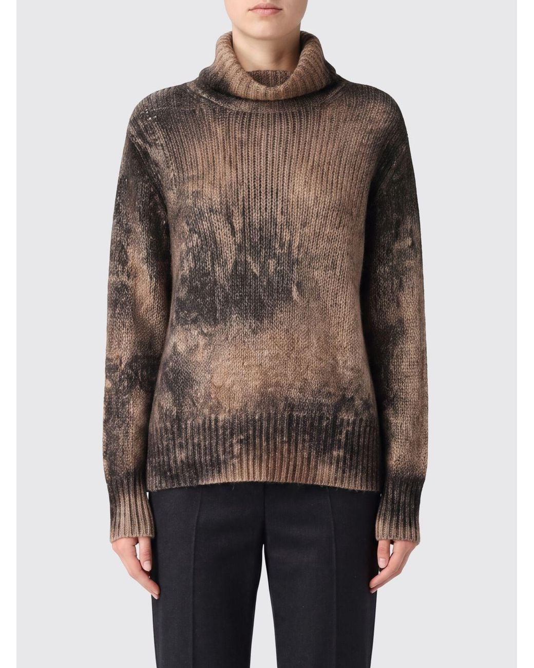 Avant Toi Brown Abstract Print Cashmere Roll Neck Jumper With Dropped Shoulders