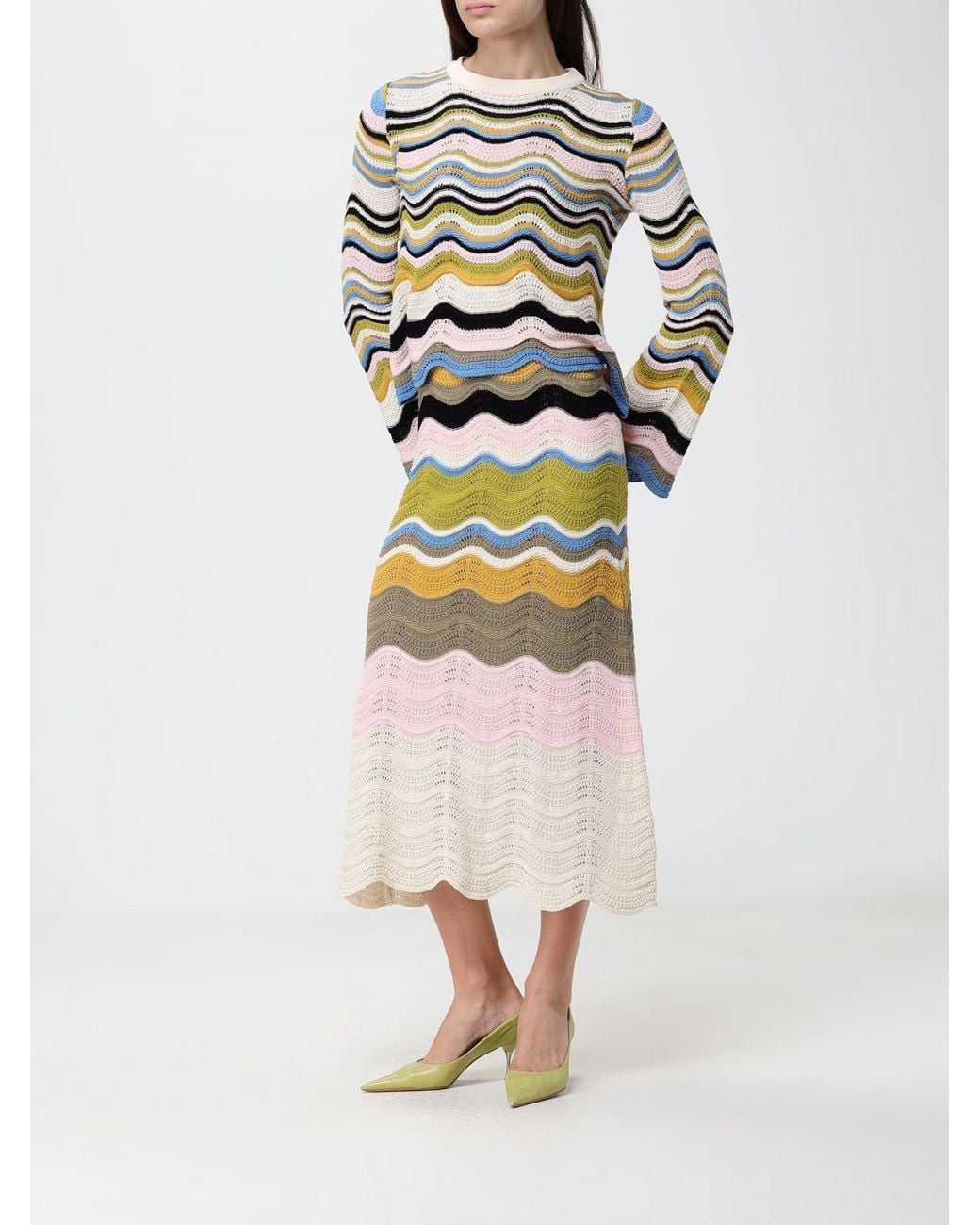 LaDoubleJ Green Crochet Cotton Crewneck Jumper With Wave Print