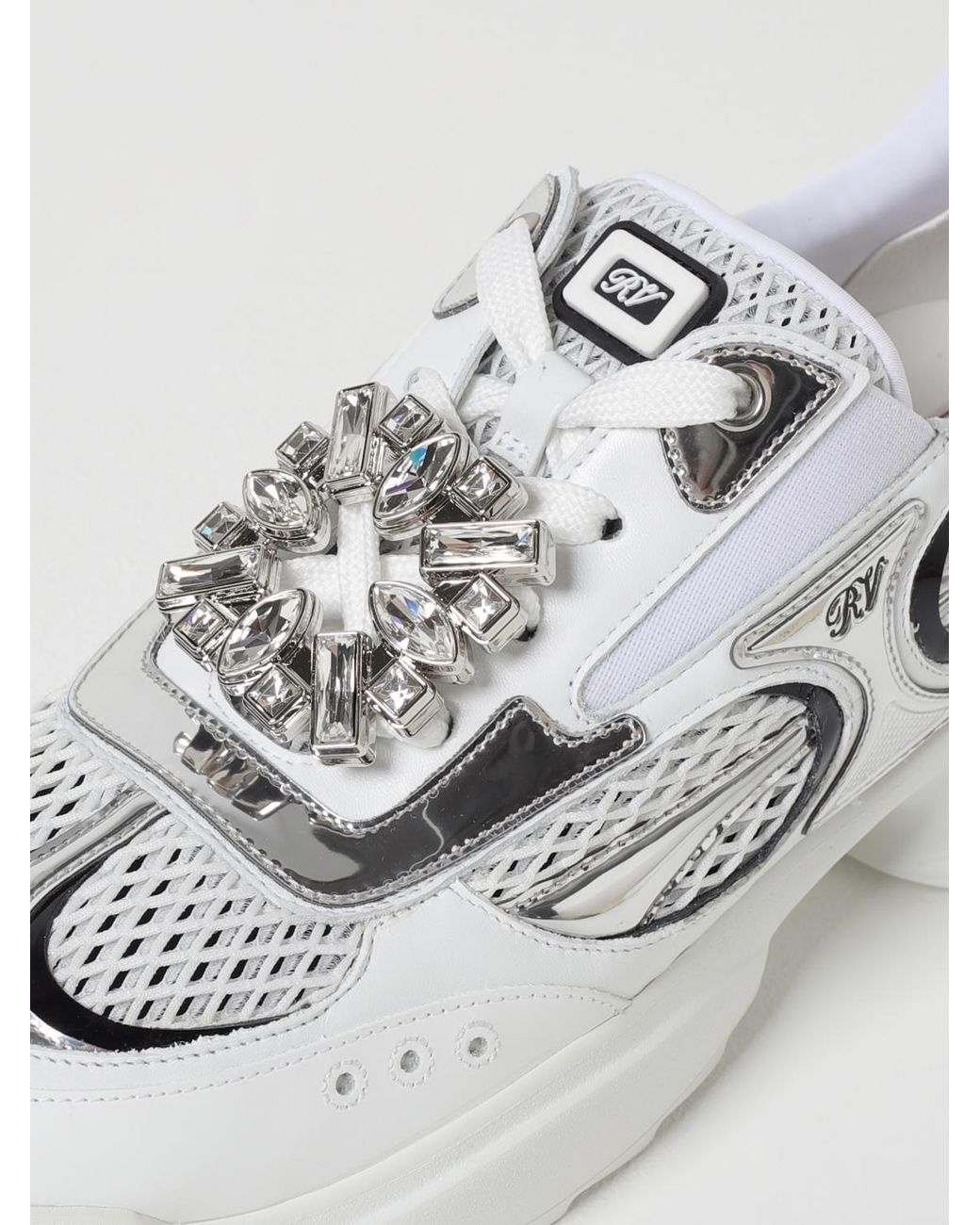 Roger Vivier White Leather And Mesh Sneakers With Jewel Buckle