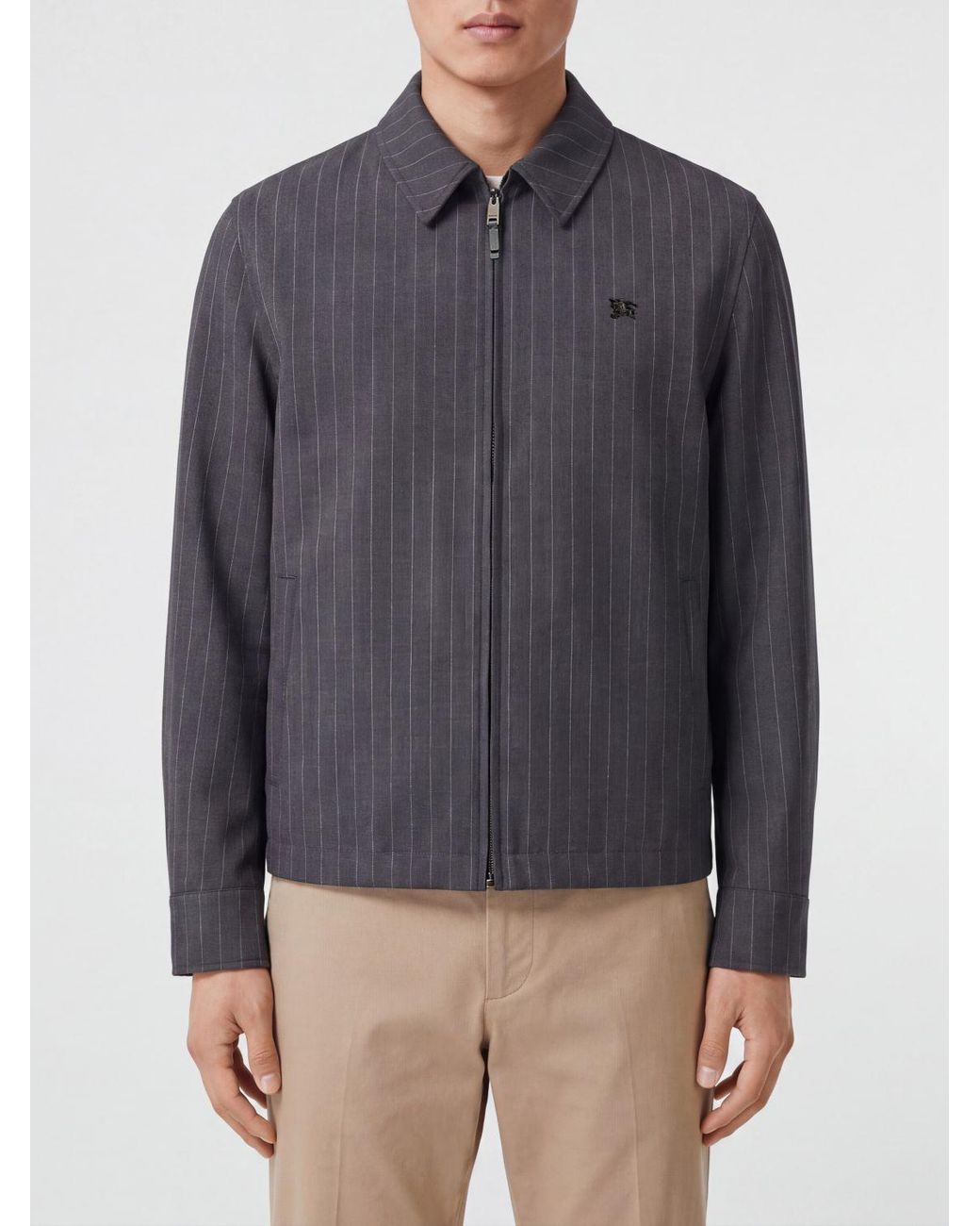 Burberry Blue Pinstriped Wool Shirt Jacket With Embroidered Logo And Zip Closure for men