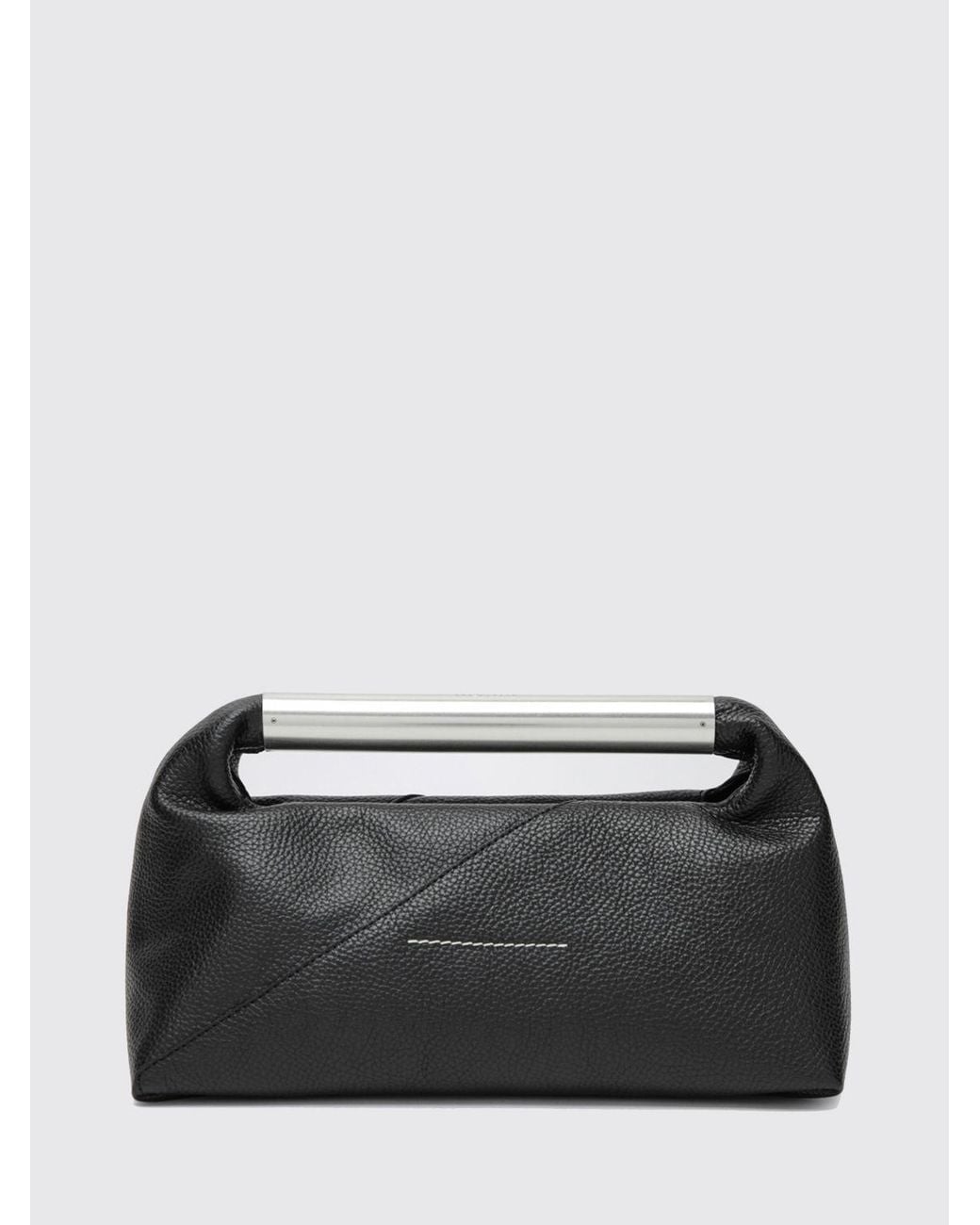MM6 by Maison Margiela Black Grained Calf Leather Handbag With Metallic Handle