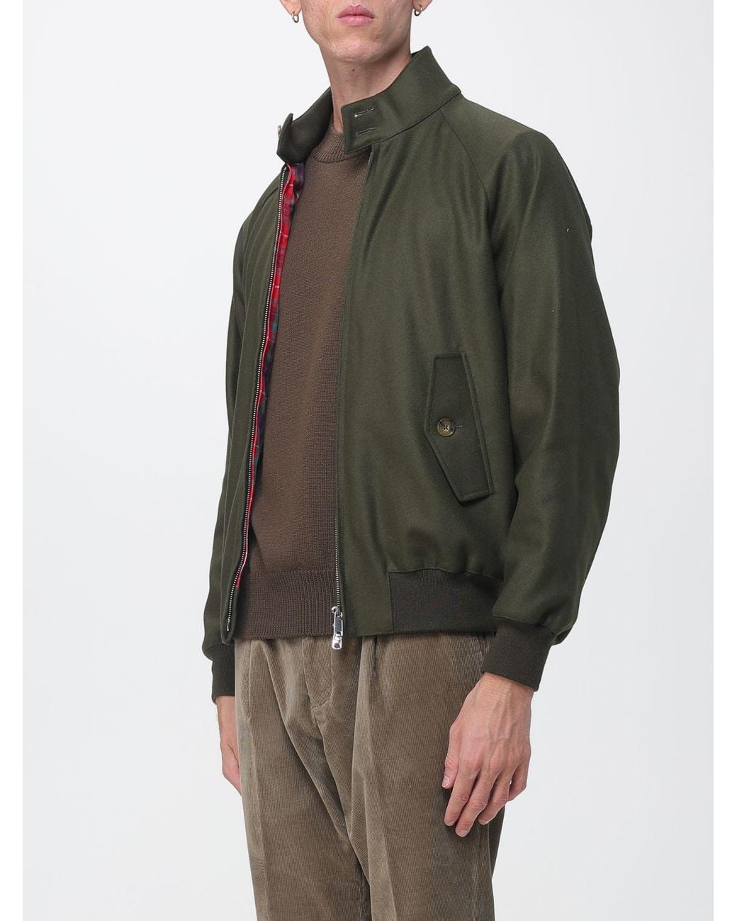 Baracuta Green G9 Melton Wool Blend Bomber Jacket With High Collar And Check Lining for men