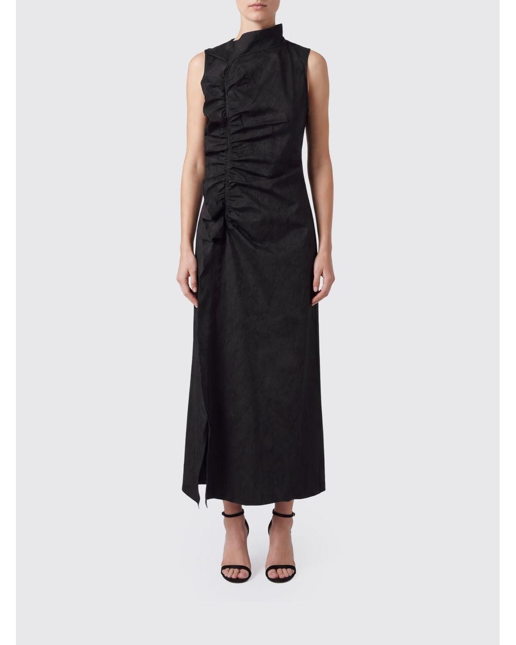 Ulla Johnson Black Crêpe Sheath Midi Dress With Ruffles And Front Slit