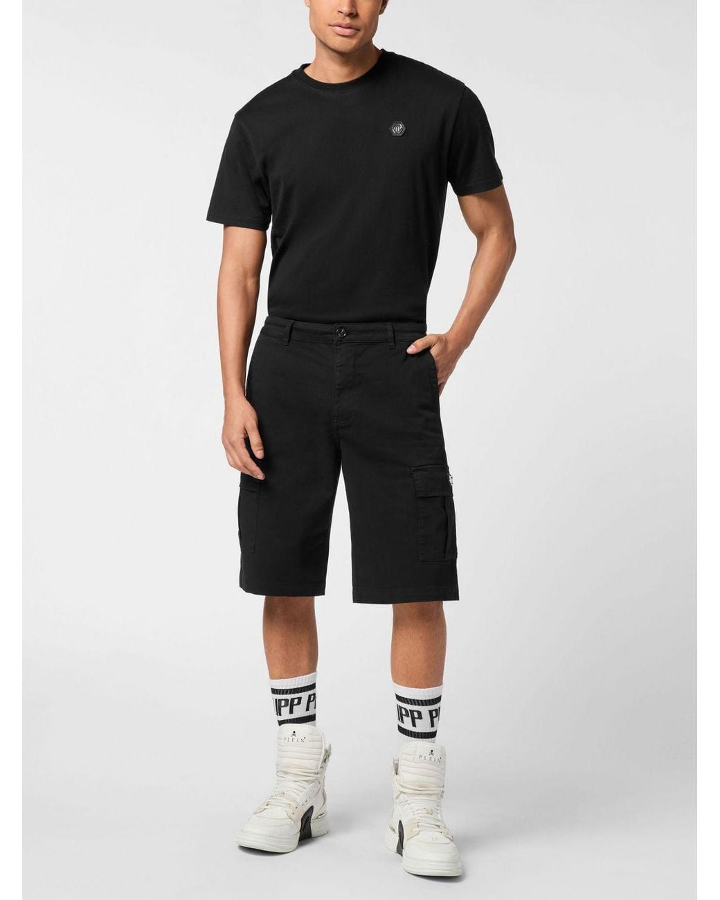 Philipp Plein Black Cotton Cargo Shorts With Multiple Pockets for men