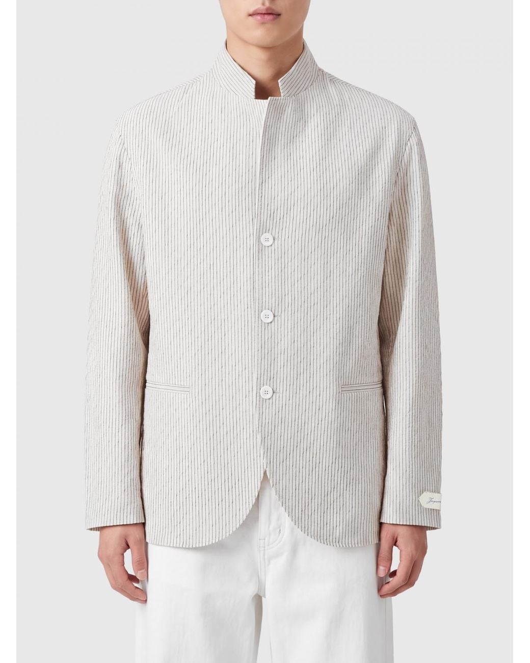 Jacquemus White The Palmier Striped Linen Blend Jacket With Mandarin Collar for men