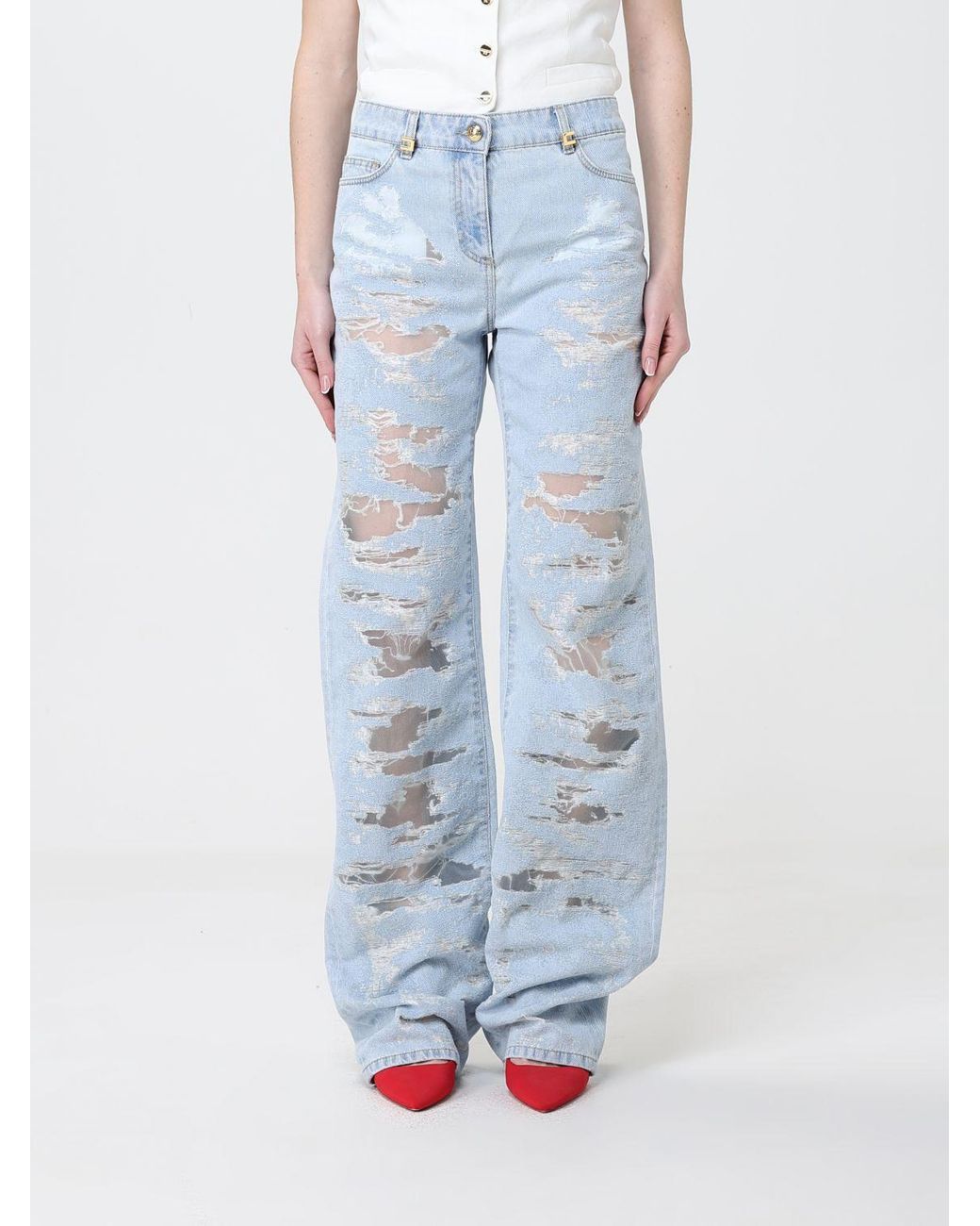 Elisabetta Franchi Blue Distressed Denim Straight Jeans