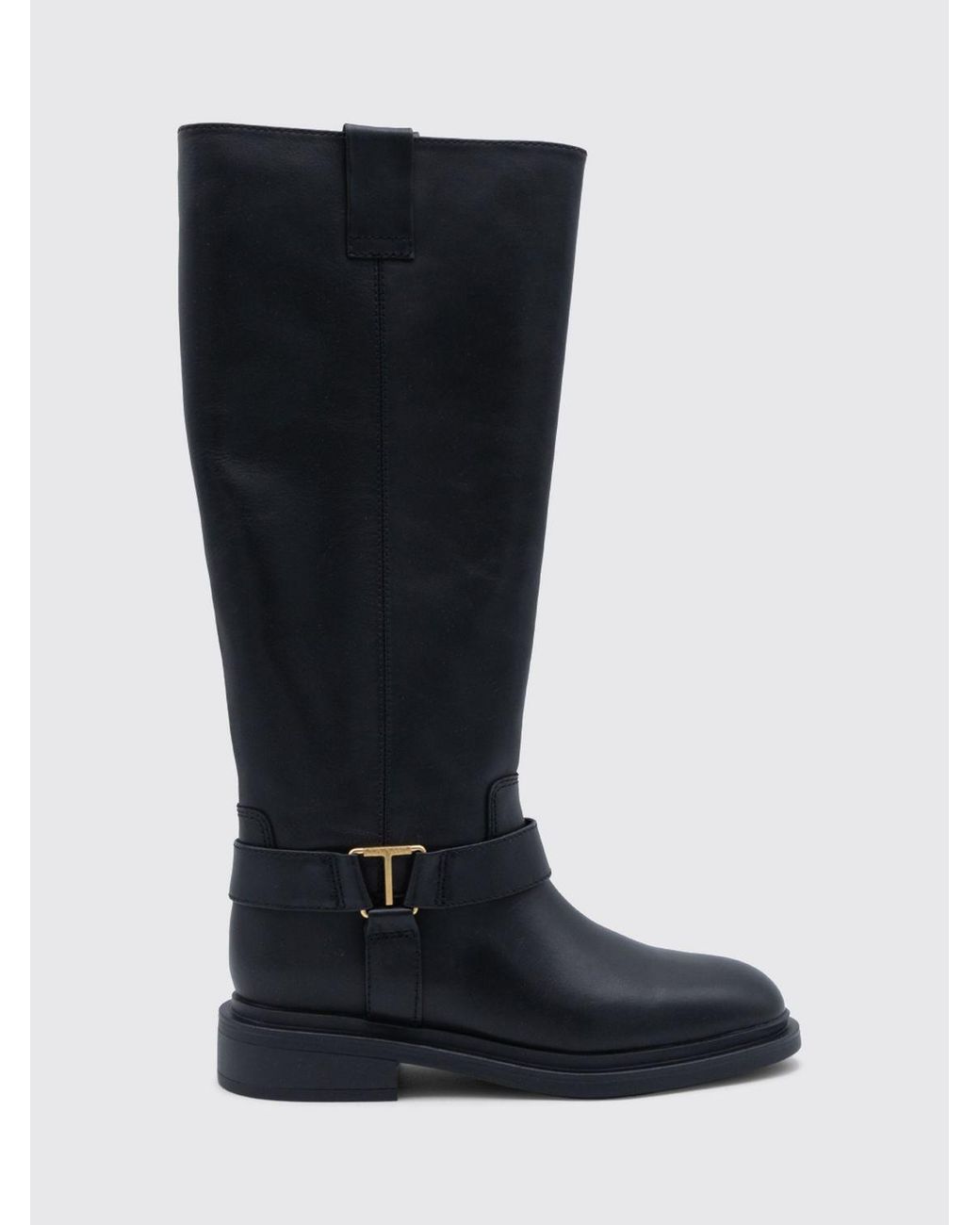Twinset Blue Knee-High Smooth Leather Biker Boots With Double Pull-Tabs