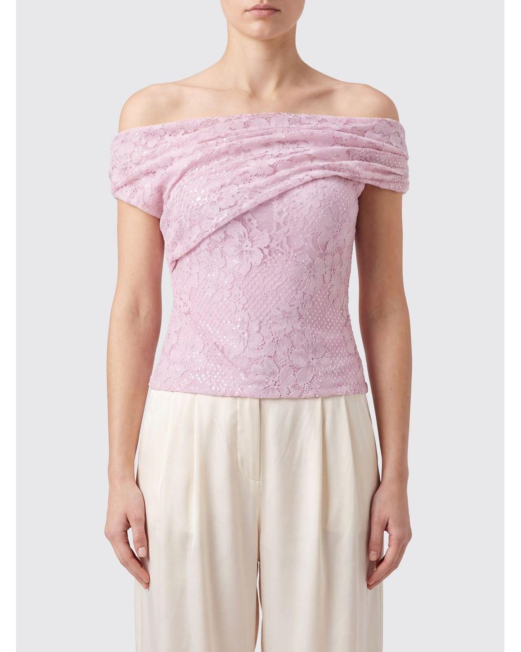 Self-Portrait Pink Off-The-Shoulder Lace Slim Fit Top With Straight Neckline