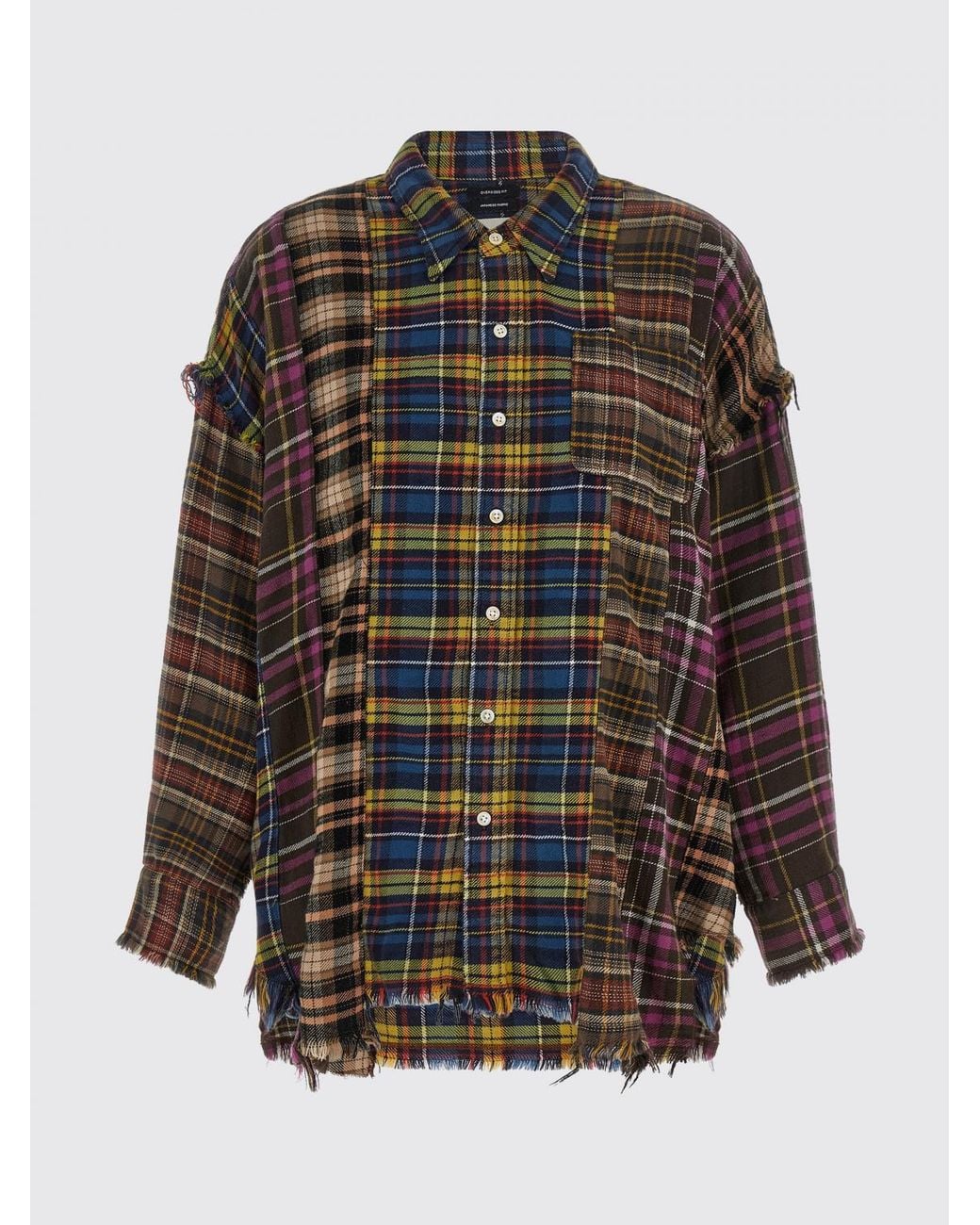 R13 Multicolor Patchwork Print Cotton Shirt With Frayed Hem
