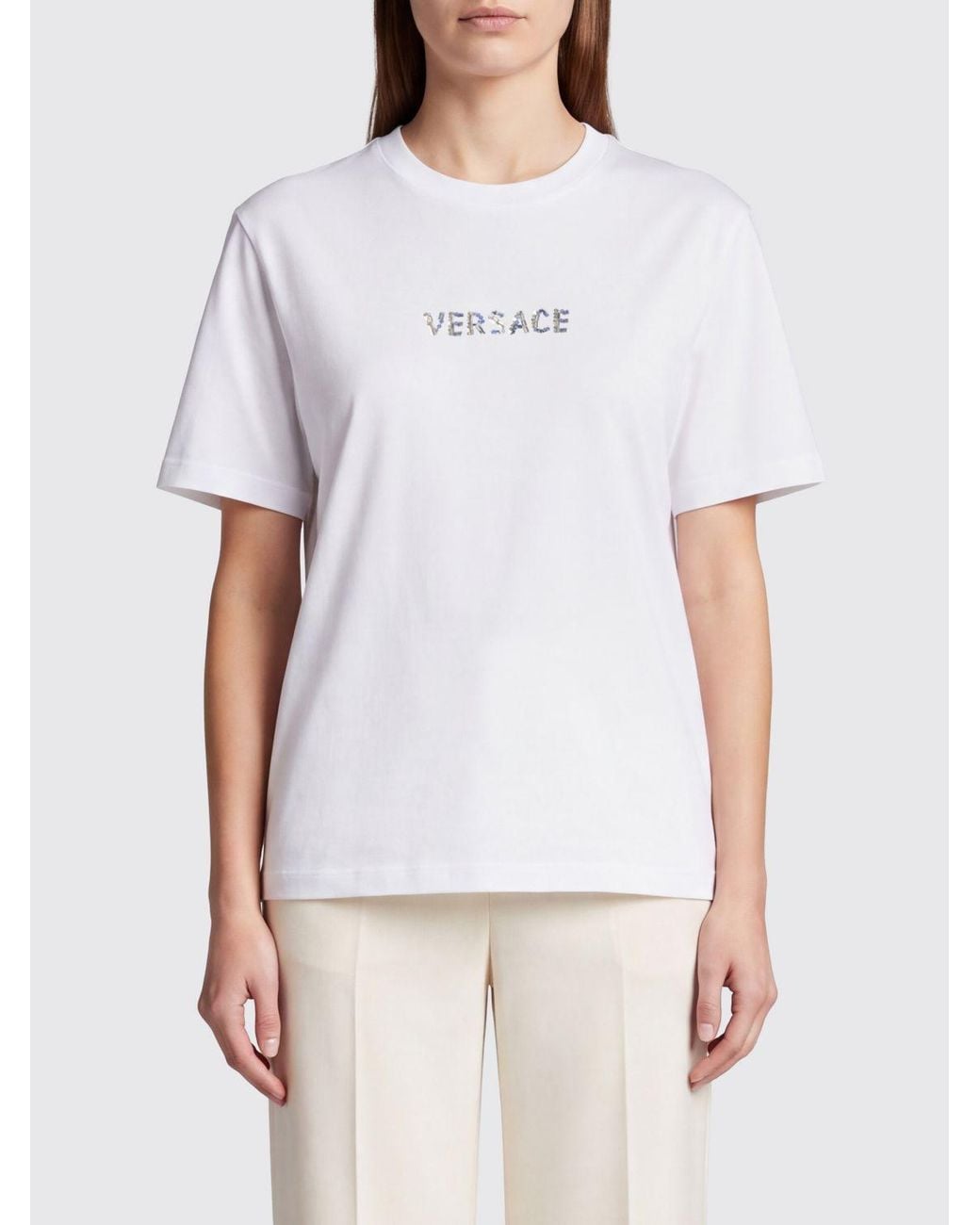 Versace White Rhinestone Lettering Logo Cotton Crew-Neck T-Shirt