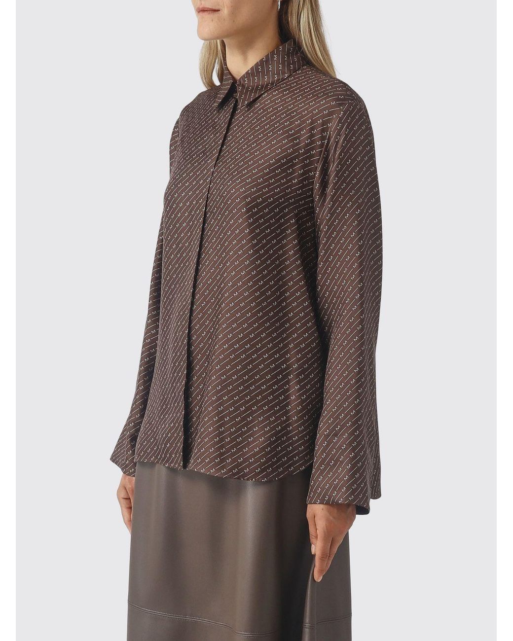 Max Mara Brown Pure Silk Shirt With All-Over Monogram Print