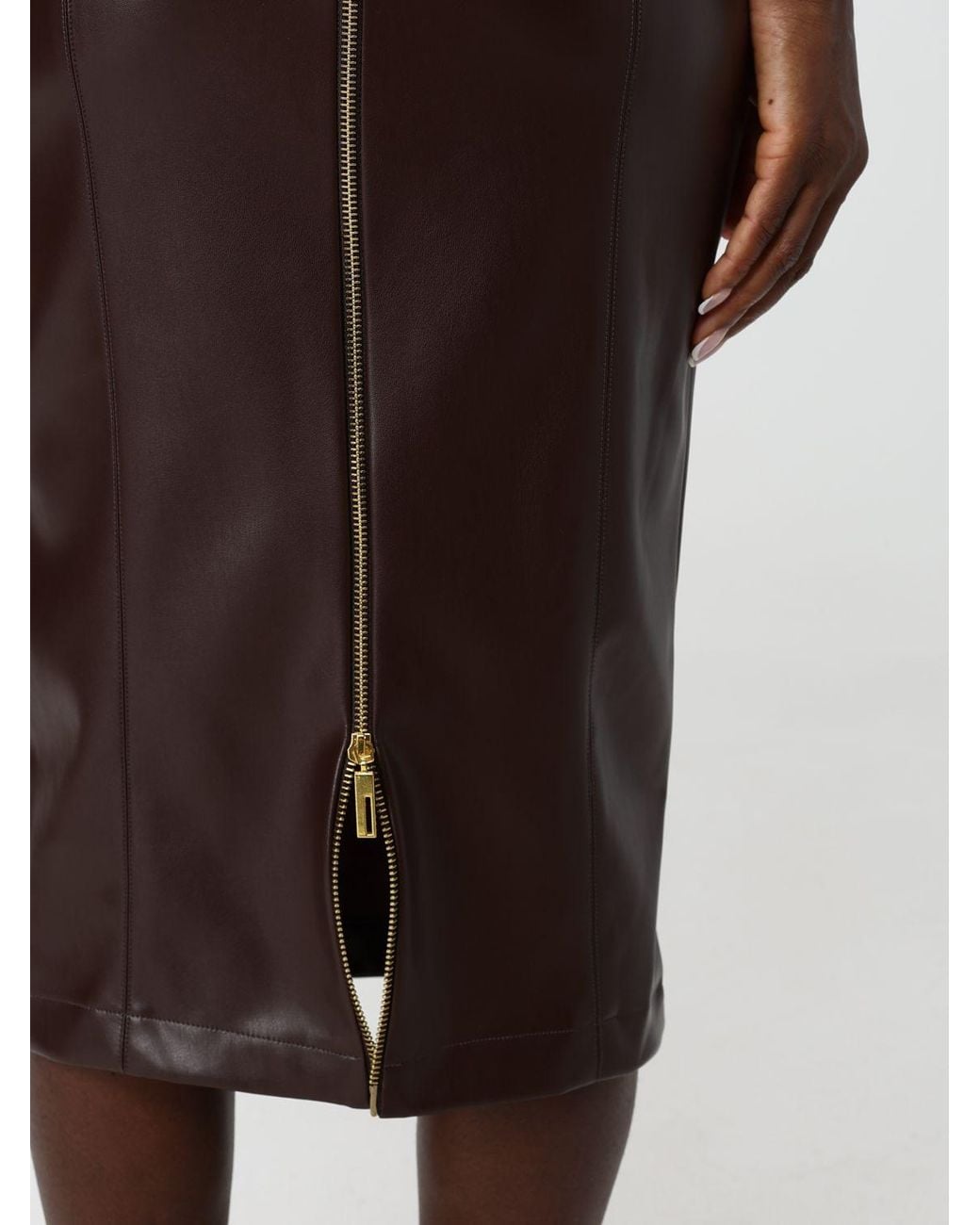 Hanita Brown High-Waisted Smooth Faux Leather Midi Pencil Skirt