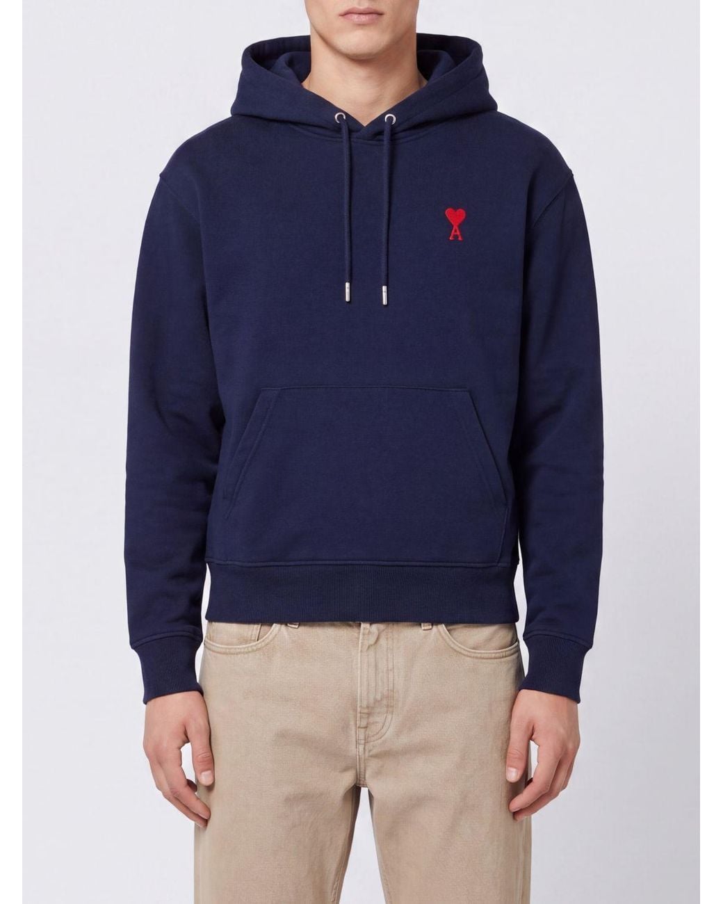 AMI Blue Cotton Hoodie With Embroidered Logo And Kangaroo Pocket for men