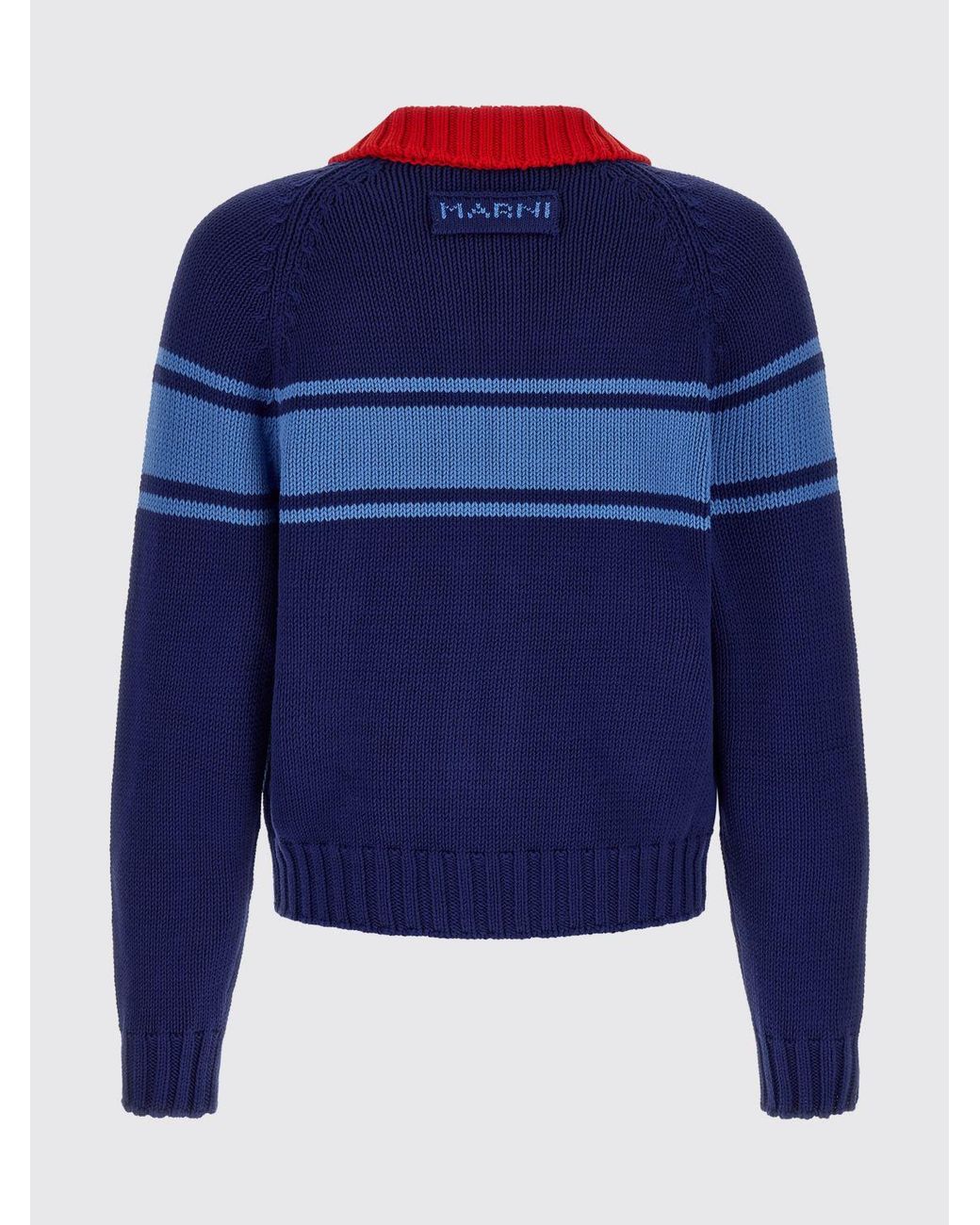 Marni Blue Striped Cotton Turtleneck Cardigan With Zip Closure for men