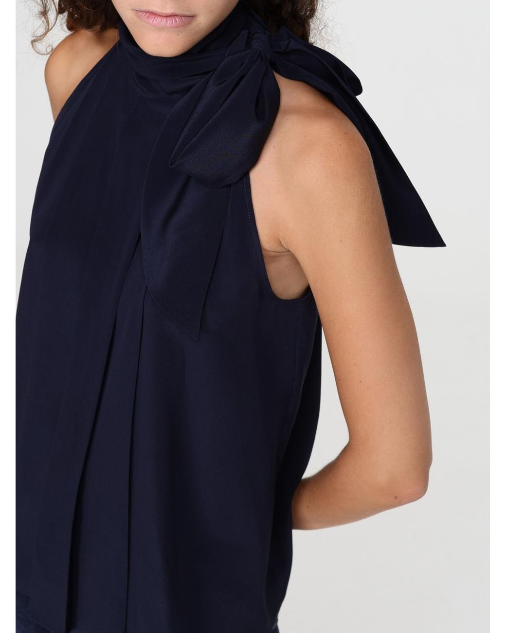 Blusa De Seda Plisada Con Cuello De Lazo Y Hombros Descubiertos Max Mara de color Blue