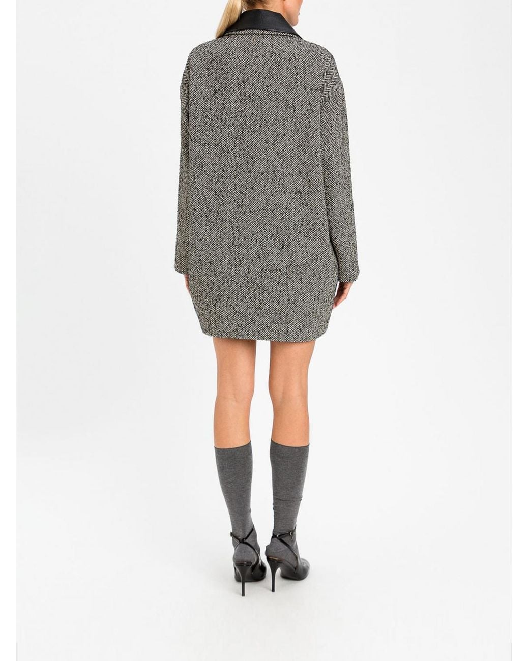 Twinset Gray Single-Breasted Wool Blend Coat With Leather Collar