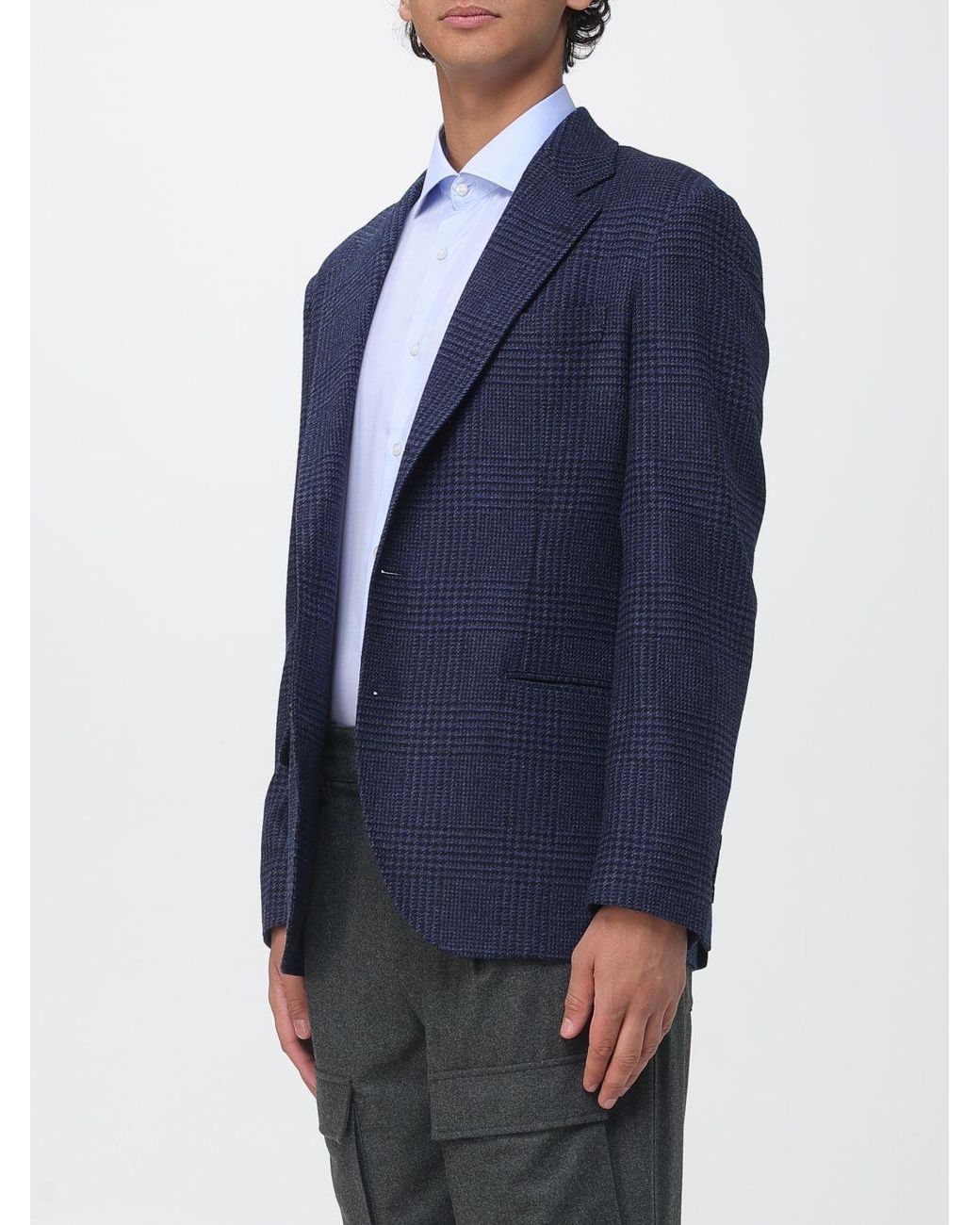 Brunello Cucinelli Blue Single-Breasted Houndstooth Wool Blazer for men
