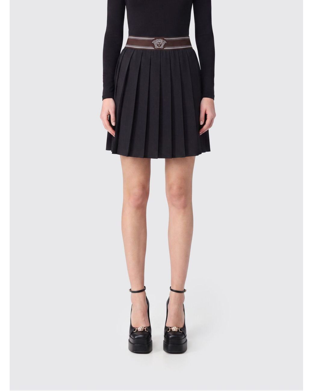 Versace Black Pleated Wool And Mohair Mini Skirt With High Logo Waistband