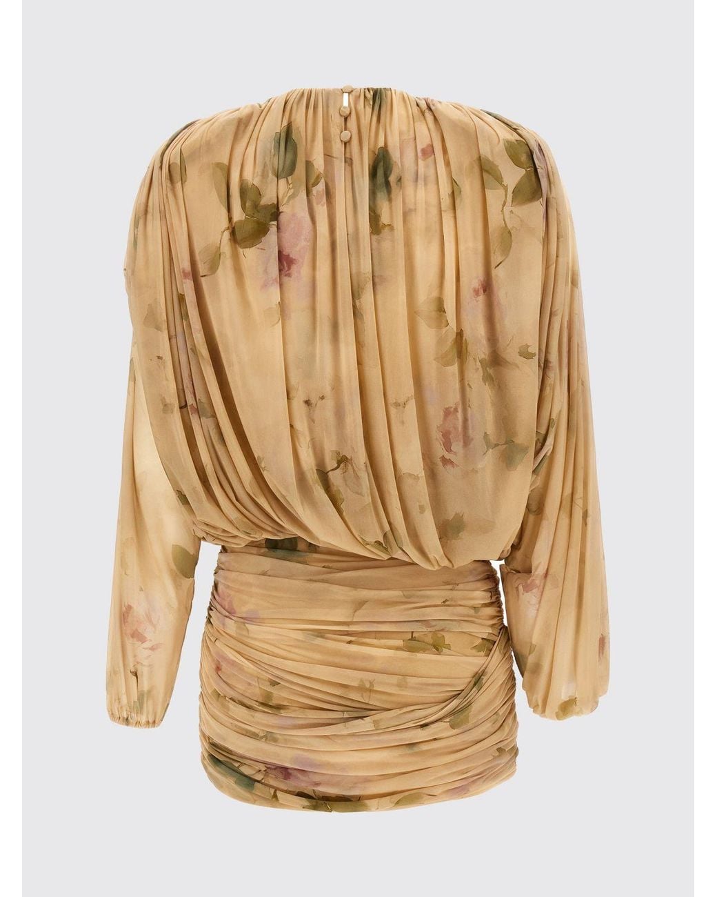 Magda Butrym Natural Long-Sleeved Floral Print Draped Cupro Sheath Mini Dress