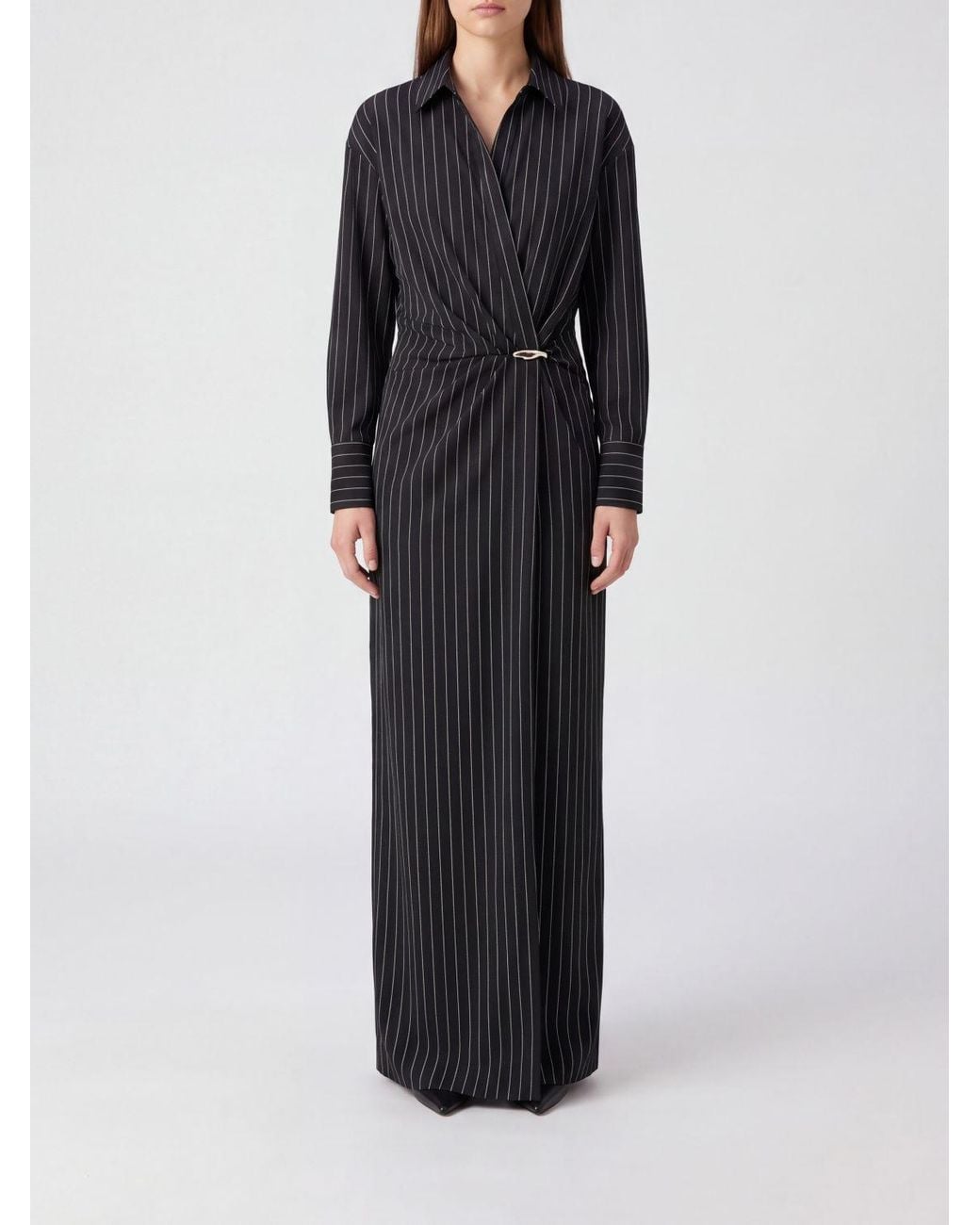Dondup Black Striped Virgin Wool Long Sheath Dress With Draped Waist
