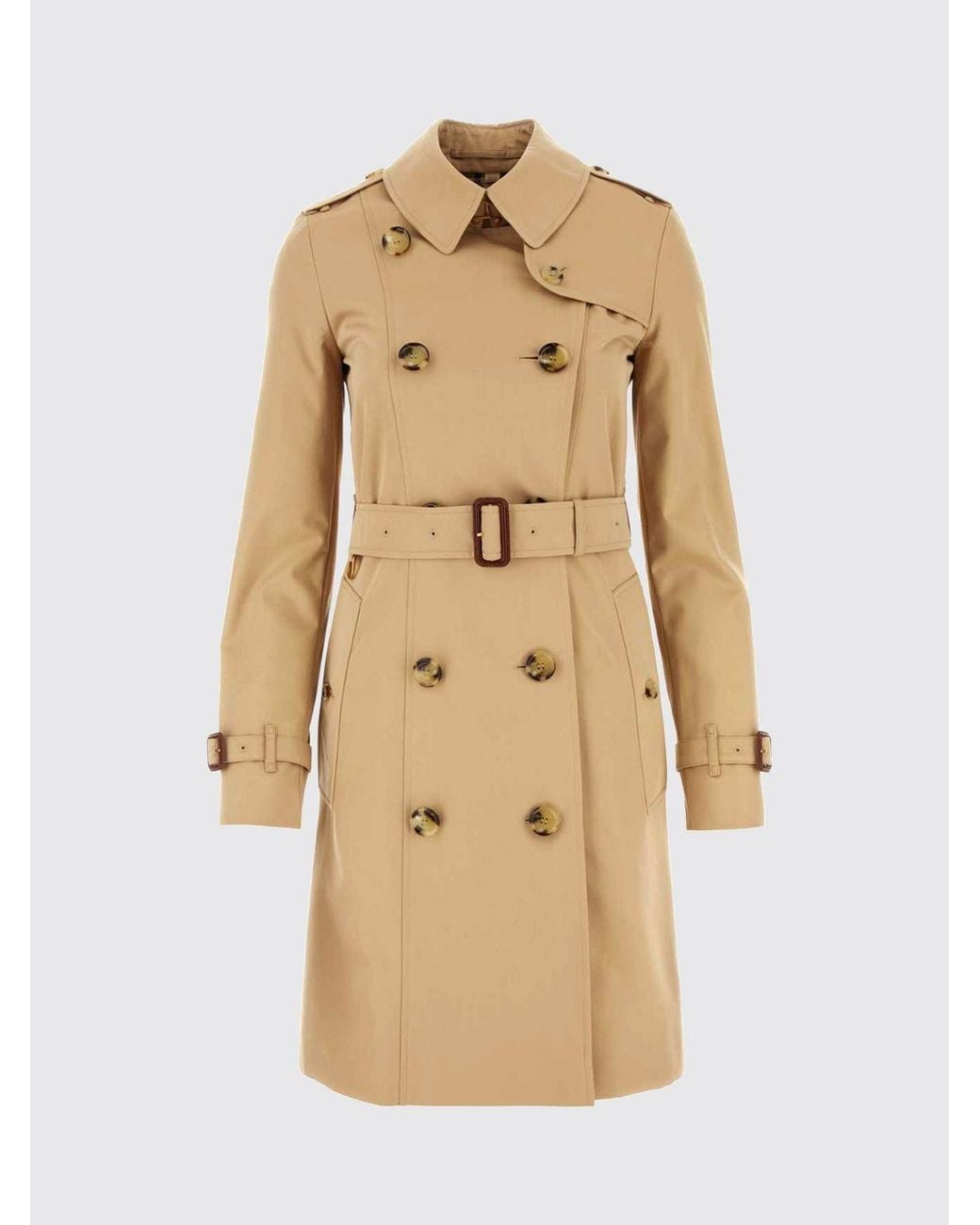 Burberry Natural Knee-Length Double-Breasted Cotton Trench Coat With Belt And Epaulettes