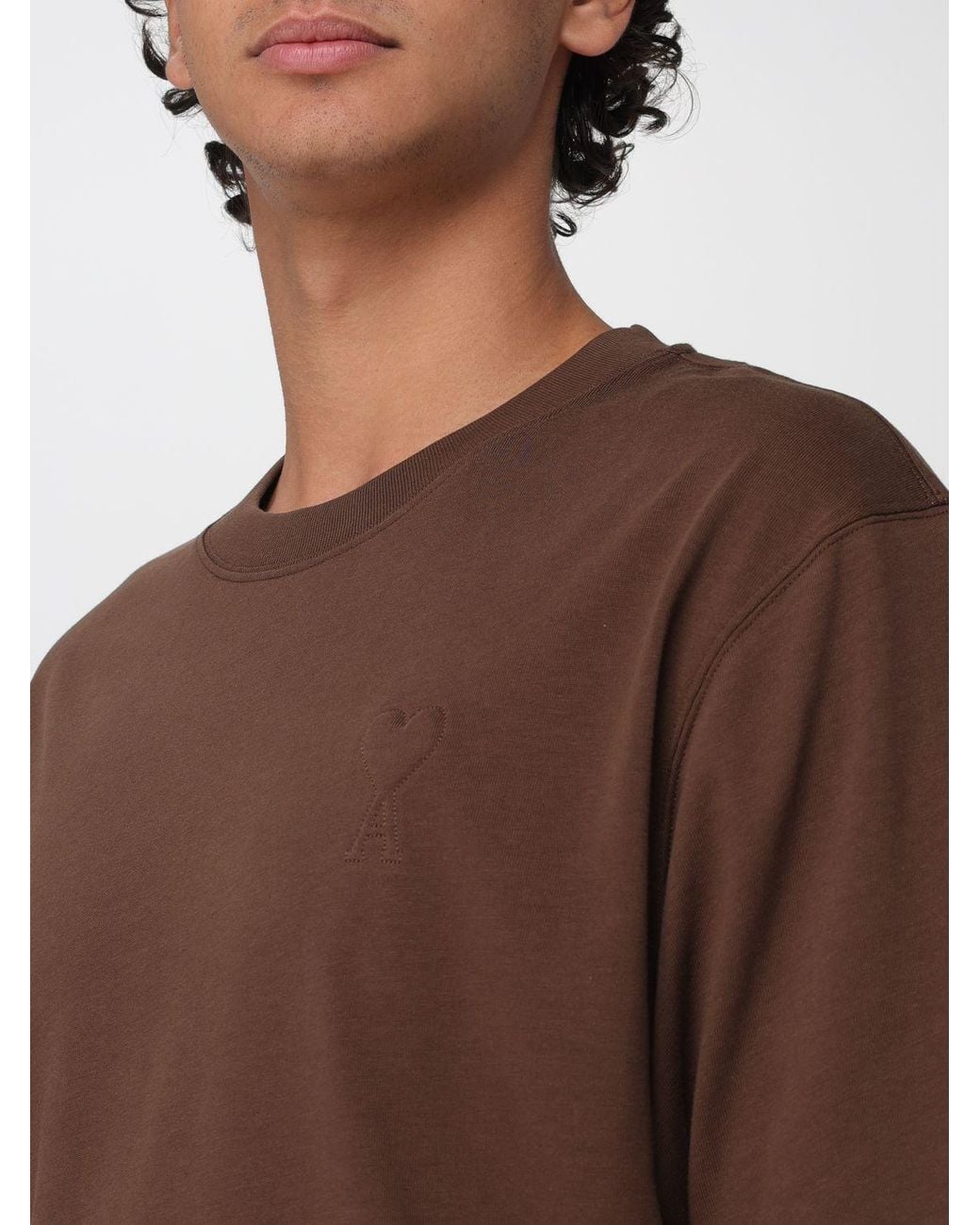 AMI Brown Short-Sleeved Cotton T-Shirt With Front Logo Print for men
