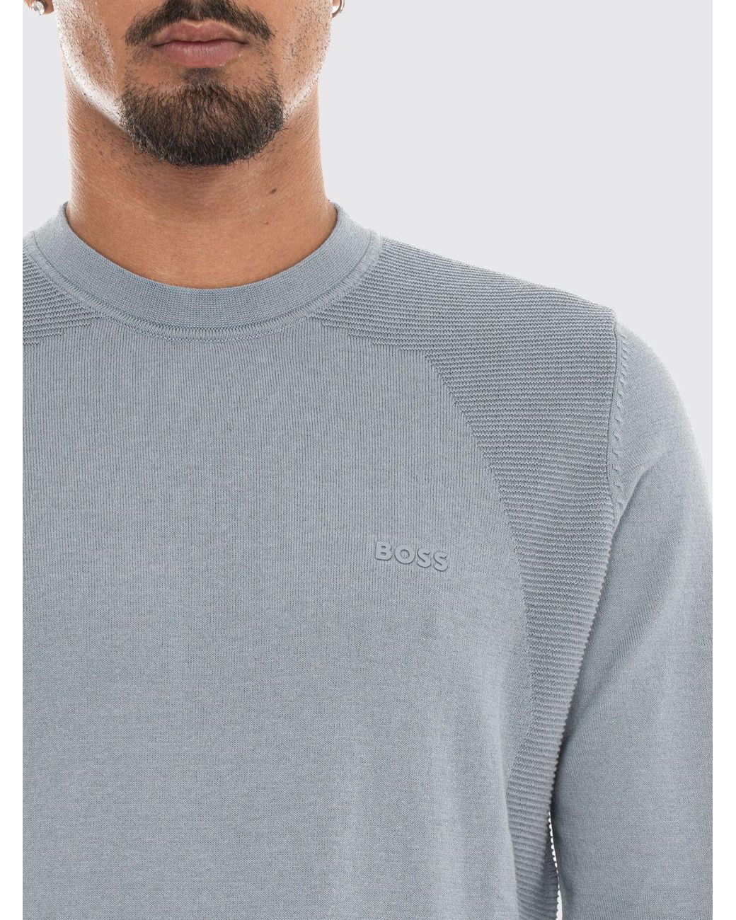 Boss Gray Cotton Blend Crew Neck Jumper With Long Sleeves And Ribbed Trims for men