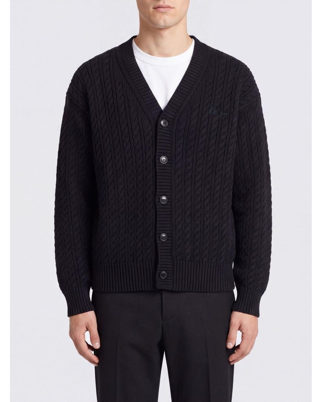 KENZO Blue V-Neck Wool Blend Cardigan With Embroidered Logo for men