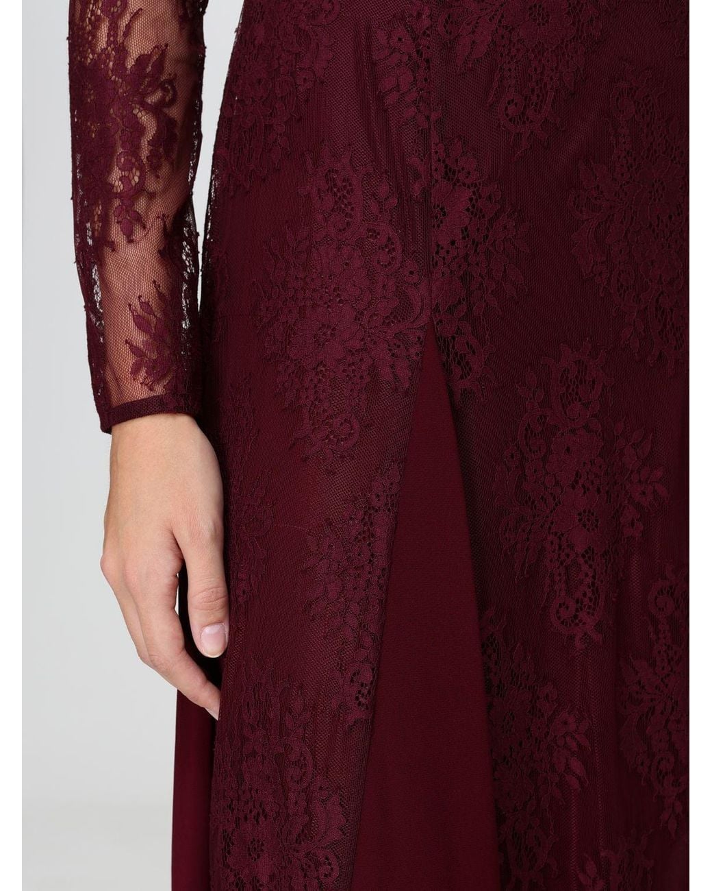 Hanita Red High-Neck Long Sleeve Lace Long Evening Gown