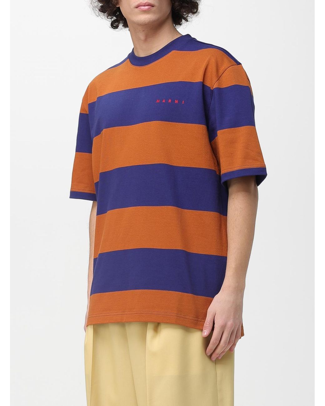 Marni Blue Striped Cotton Crew Neck T-Shirt for men