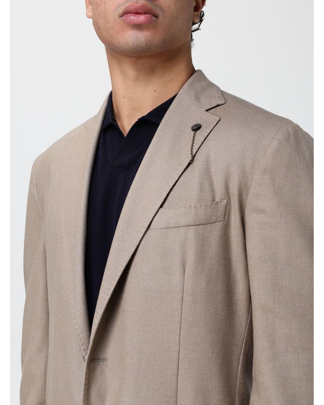 Santaniello Natural Single-Breasted Wool Blend Blazer With Patch Pockets for men