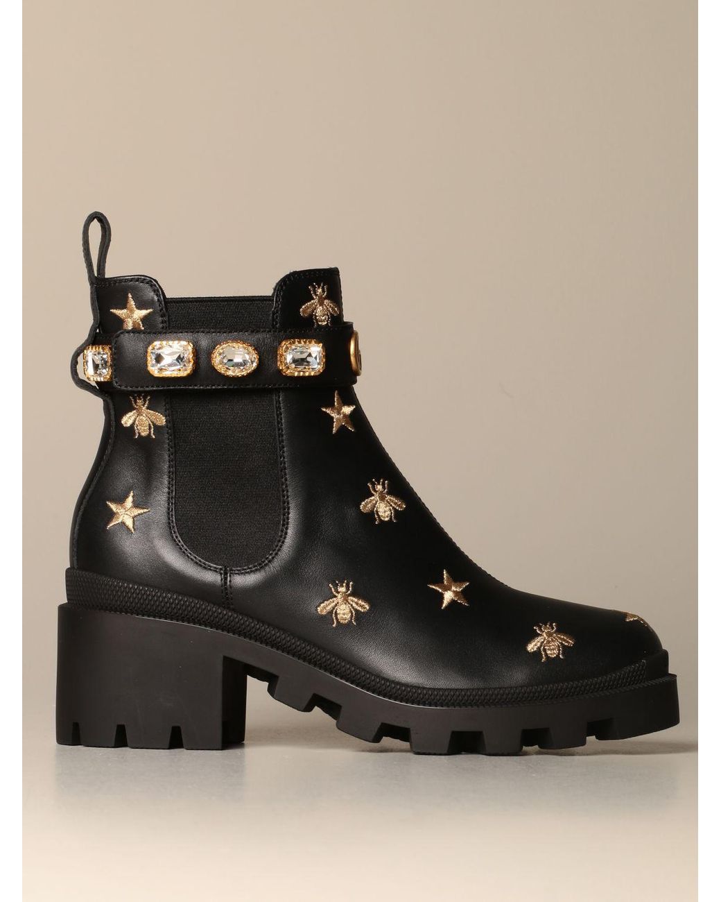 Gucci Embroidered Leather Ankle Boot With Belt in Black | Lyst