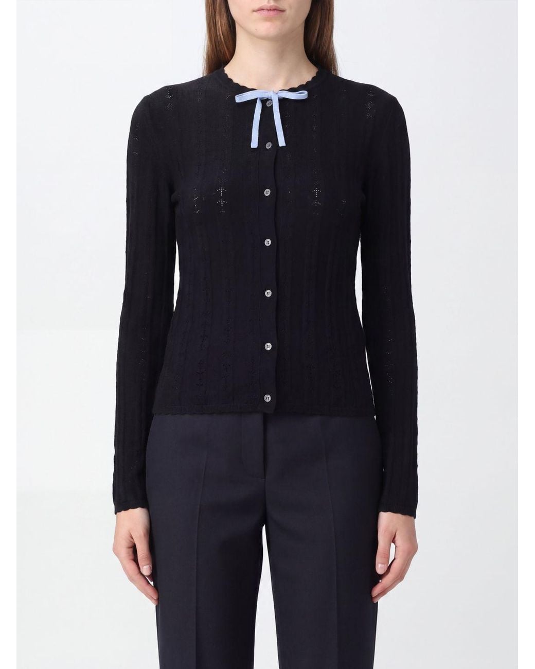 Marni Blue Slim Fit Wool And Silk Cardigan With Bow Detail
