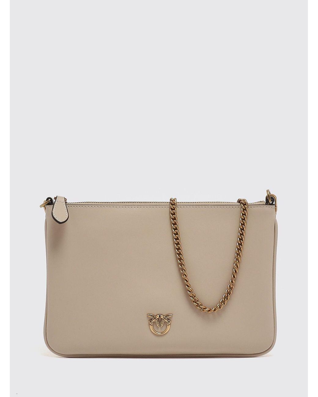 Pinko Natural Love Bag Simple Leather Clutch With Chain-Link Strap And Love Birds Logo