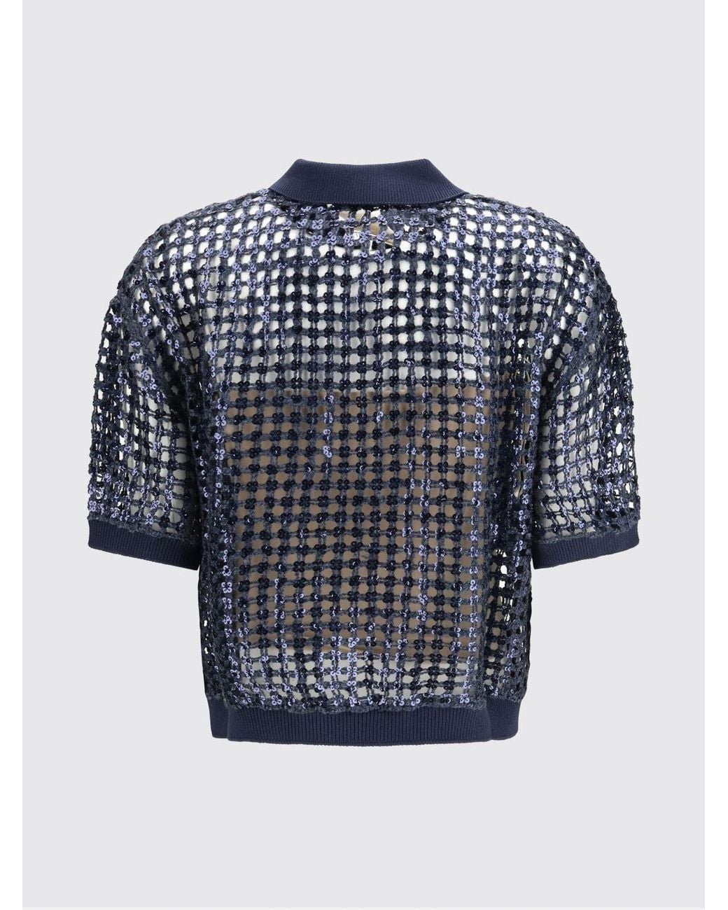 Brunello Cucinelli Blue Silk And Linen Polo Shirt With Sequins
