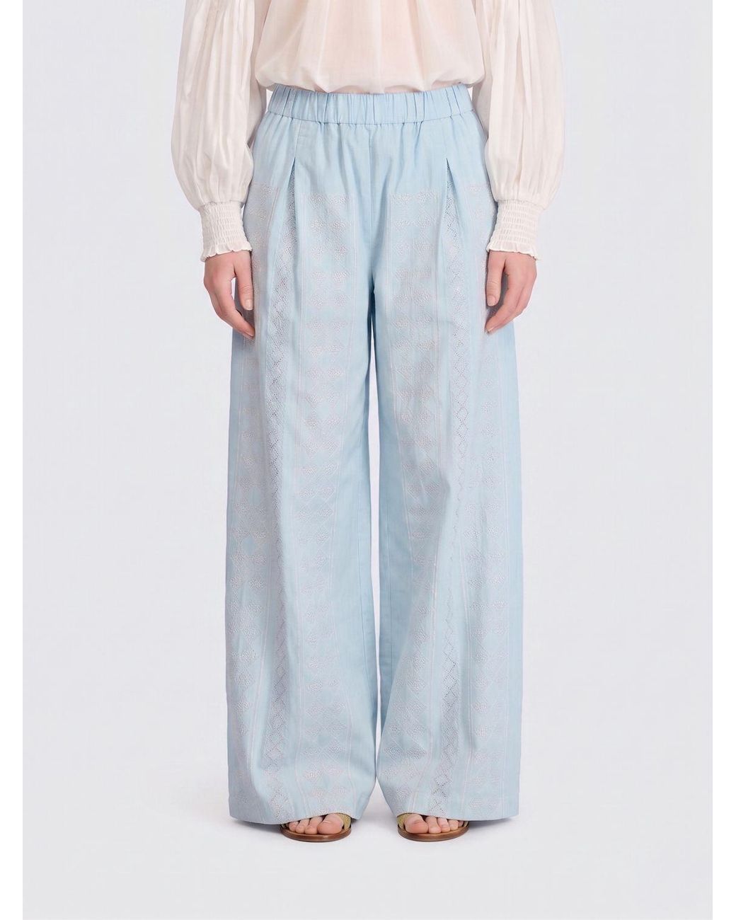 Semicouture Blue Jhonny Embroidered Cotton Palazzo Trousers
